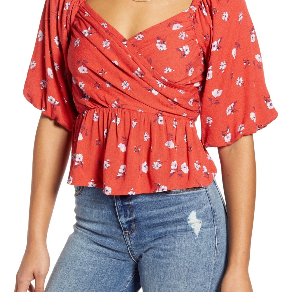 All In Favor Cross Front Crop Top Puff Sleeves
